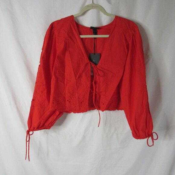 Future Collective Blouse Red Cotton Poplin Eyelet Long Sleeve Size Medium NWT - Picture 4 of 13